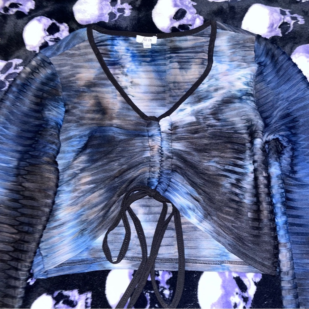 Blue and Black Long Sleeve Ruched Tie Front Crop Top